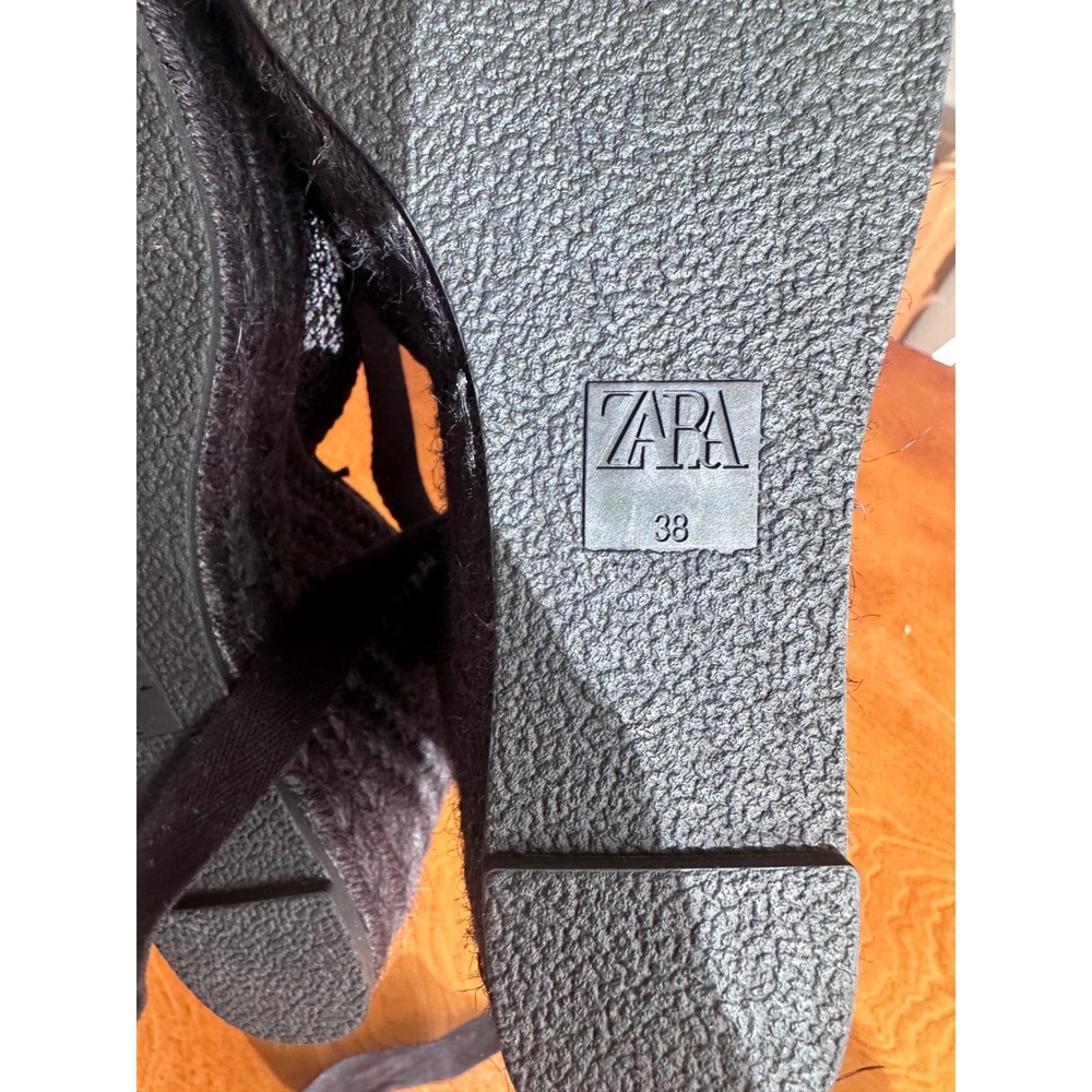 Zara Black Espadrille Wedge Sandals Lace Up Ankle Tie Woven Jute Heels 38 - Picture 7 of 7